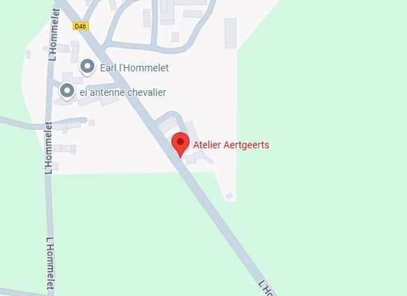 Carte affichant Atelier Aertgeerts avec marqueur rouge près de la route L'Hommelet et D46. Inclut Earl l'Hommelet.